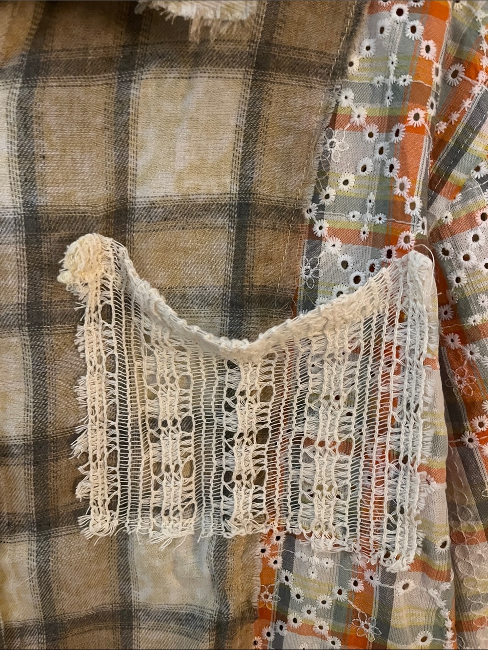 POL Plaid & Lace Patchwork Button-Up Shirt - Beige-Orange-Cream w/Open Lace - Picture 4 of 14